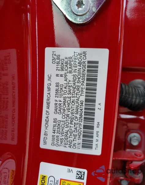 2021 Honda Accord Sport from USA, damaged, VIN 1HGCV1F32MA047540